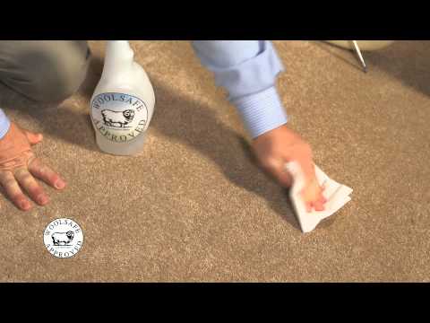 Person using a WoolSafe cleaning spray and paper towel on carpet.