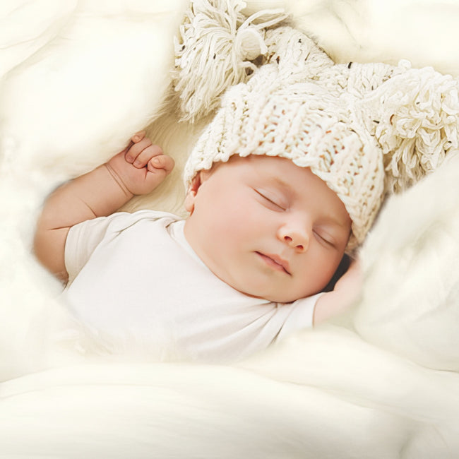 Sleeping baby wearing a knitted pom-pom hat wrapped in soft white blankets.