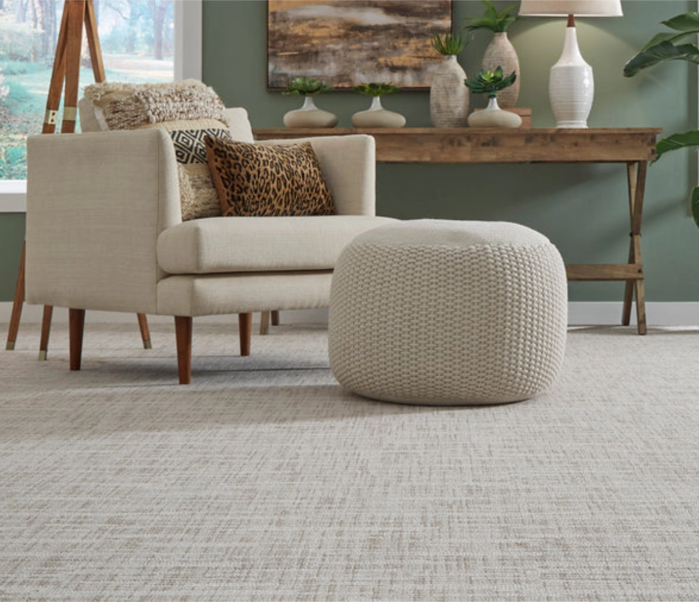 Light beige textured crosshatch carpet in a decorated living room.