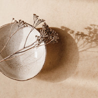 Overhead view of dried flowers in a ceramic bowl casting shadows on a beige surface.
